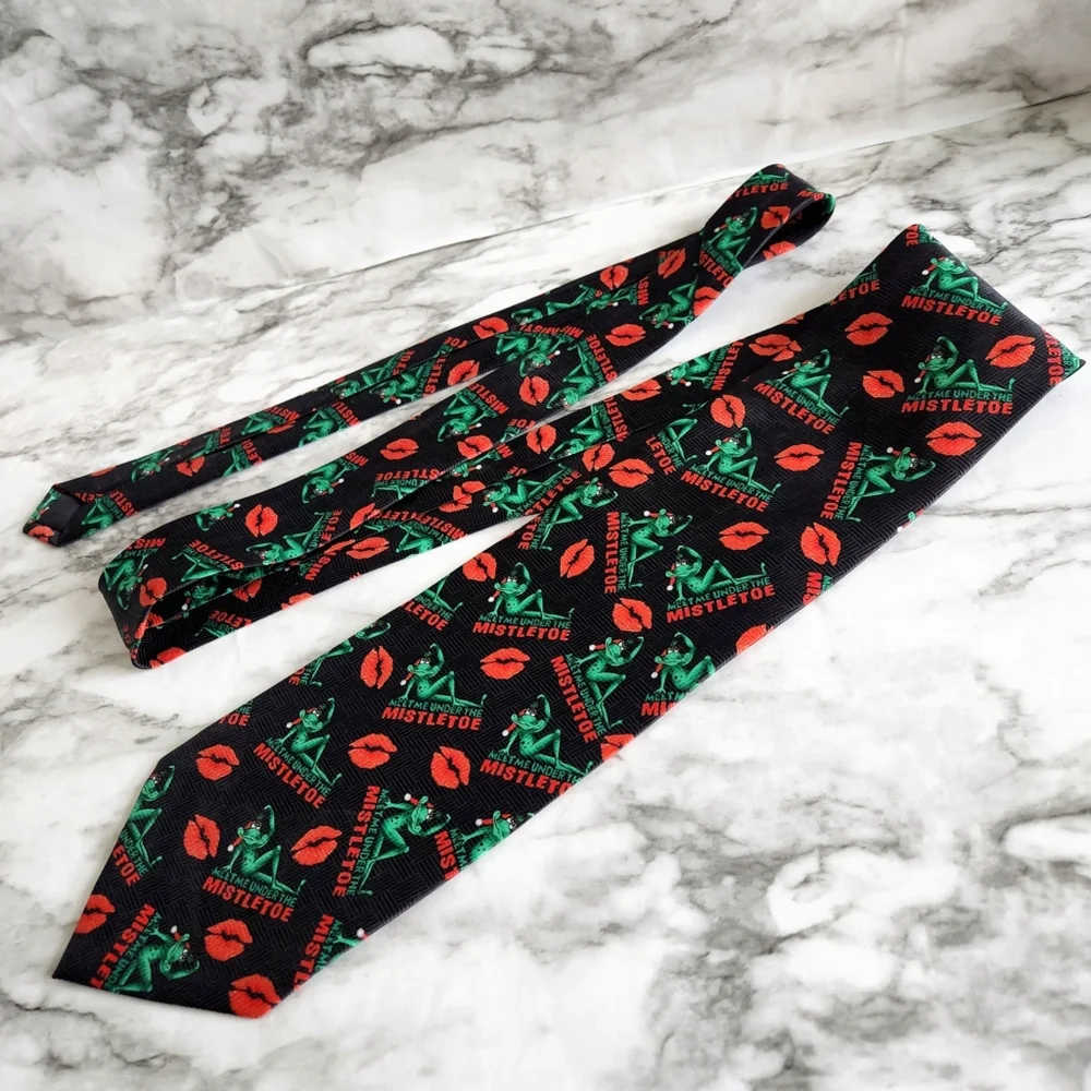 Christmas Holiday Tie With Frogs, Lips, And Mistletoe, Black, Red, & Green